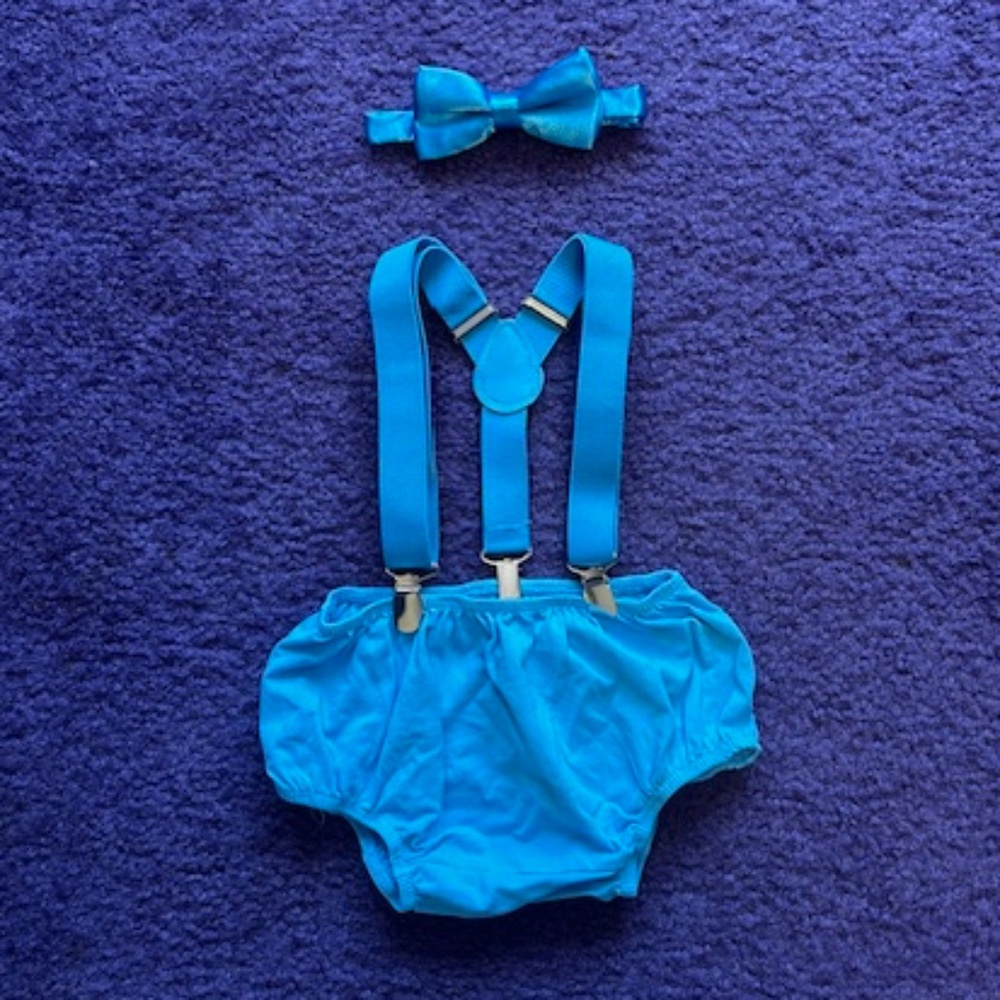 1st birthday outfit - Blue- briefs, suspenders, bow tie